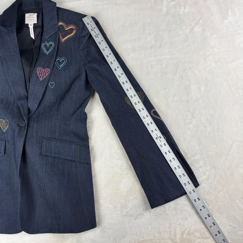 Cinq a Sept Cheyenne Blazer Women Size 6 Blue Denim Rhinestone Heart Embellished